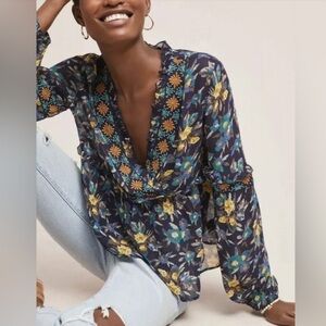 Anthropologie Meadow Rue Strasser Sheer Beaded Floral Top - M
